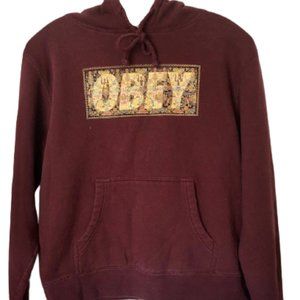 Obey Burgundy Floral/Figural Warrior Logo Hoodie - M